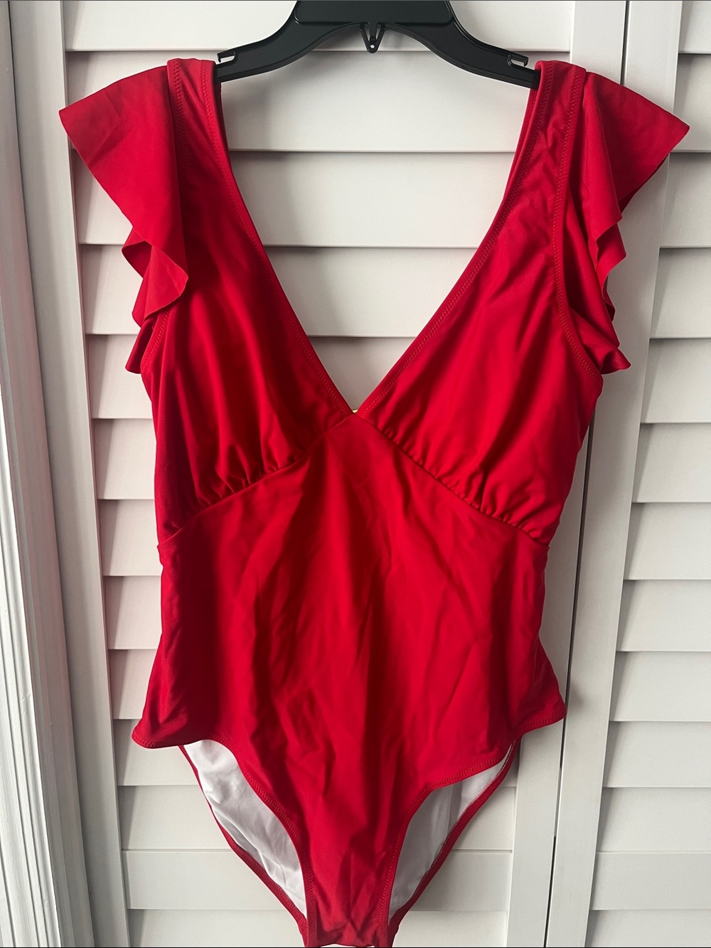 Women’s large Red One-Piece Swimsuit with Ruffle Shoulders